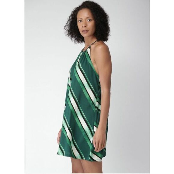Forever 21 Contemporary Green Striped Halter Keyhole Sleeveless Mini Dress XS - Picture 15 of 16
